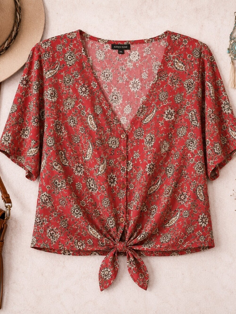 Karen Kane Red Floral Tie-Front Blouse Boho Western 2XL